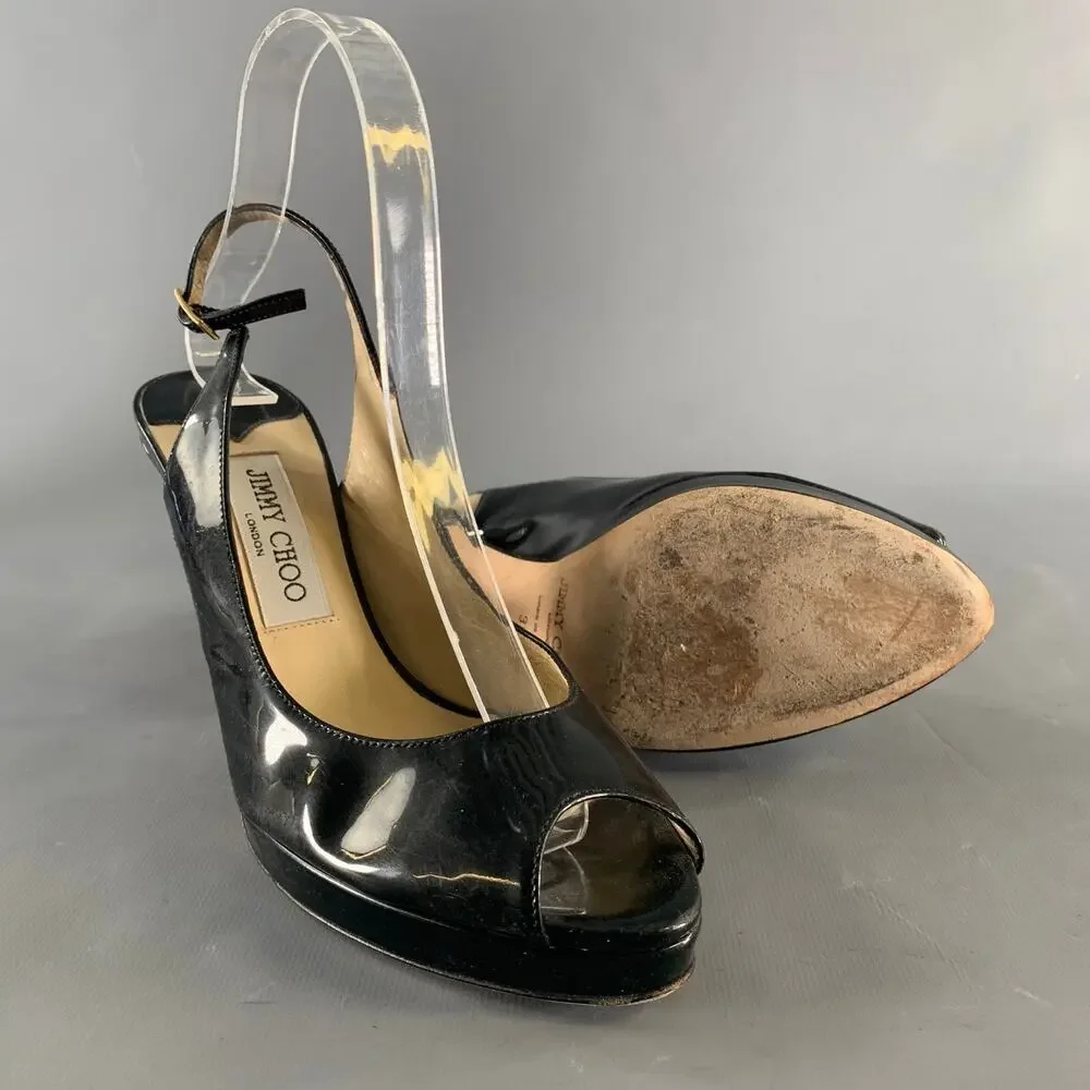 JIMMY CHOO Size 8 Black Patent Leather Slingback Sandals - Picture 2 of 5